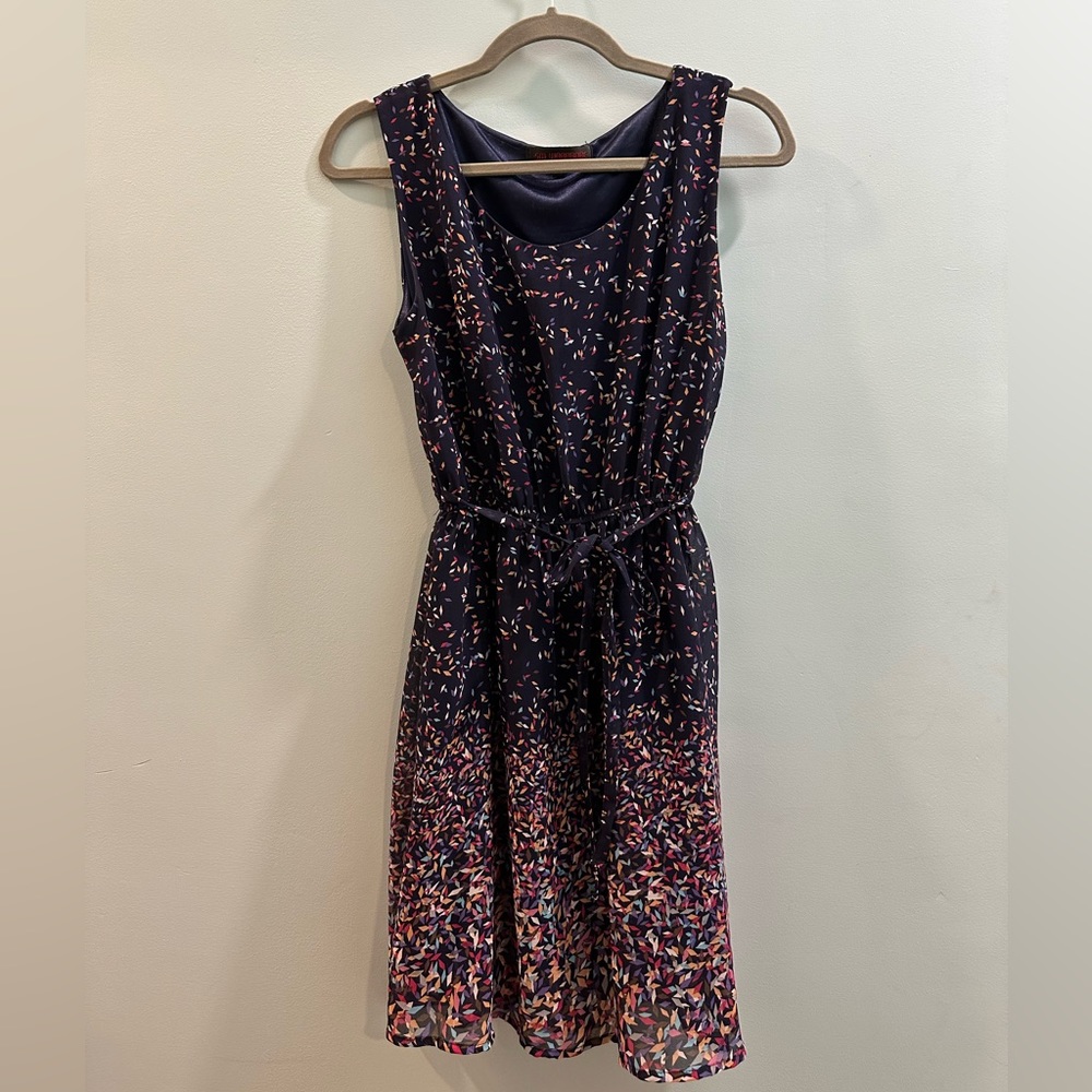 Super cute navy/rainbow dress that looks like sprinkles or petals falling!